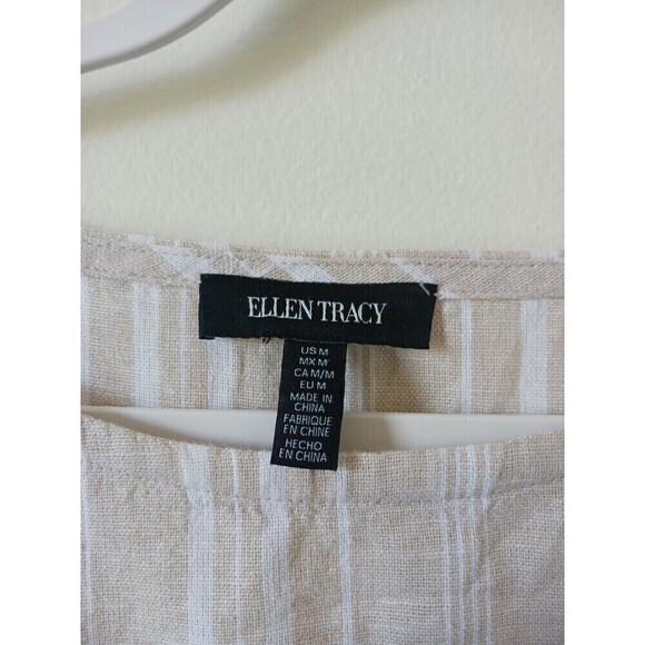 Ellen Tracy Linen Top Short Flare Sleeve Striped Beige White Size M - Picture 3 of 6